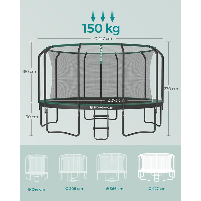 Трамплін SONGMICS для саду, Ø 244/305/366/427 см, круглий, з сіткою безпеки та сходами, захисною обшивкою, м'яким каркасом (427 см, Чорний + Темно-зелений)