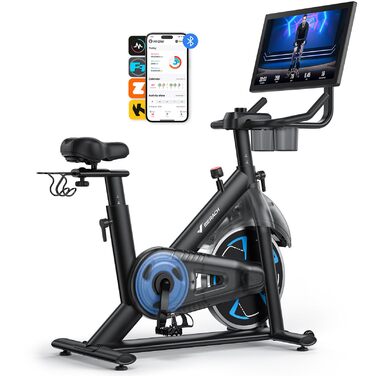 Велотренажер MERACH з магнітним опором, тихий, з покращеним амортизованим сидінням, власний додаток, стабільний H-фрейм, до 150 кг, блакитний з екраном