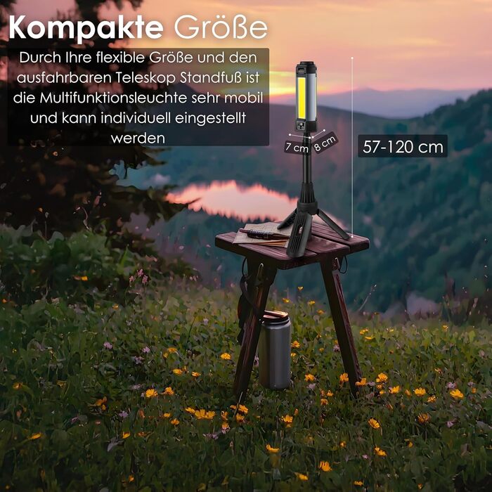 Багатофункціональний ліхтар 12 в 1 з LED, акумулятором, магнітом та телескопічною штангою: ліхтар для кемпінгу, ліхтарик, робочий ліхтар для майстерні, powerbank – для саду, відпочинку на природі та не тільки