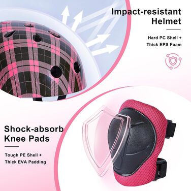 Дитячий шолом Kinder для дівчаток 8-14 років з повним захистом (шолом, наколінники, налокітники), чорно-рожевий, розмір M (52-58 см)