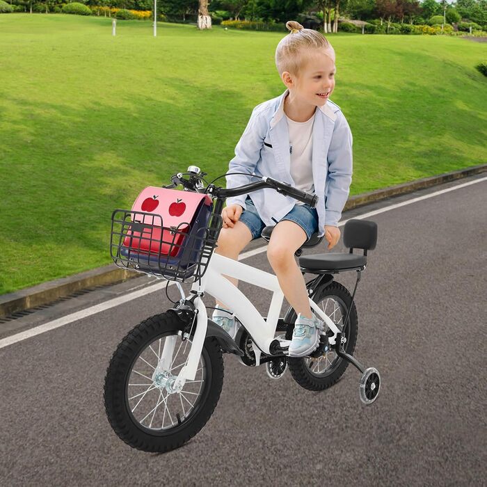 Дитяче велосипед 14 дюймів з додатковими колесами та кошиком, для дітей 3-7 років, регульоване по висоті, з подвійним гальмом, для дівчаток та хлопчиків (білий)