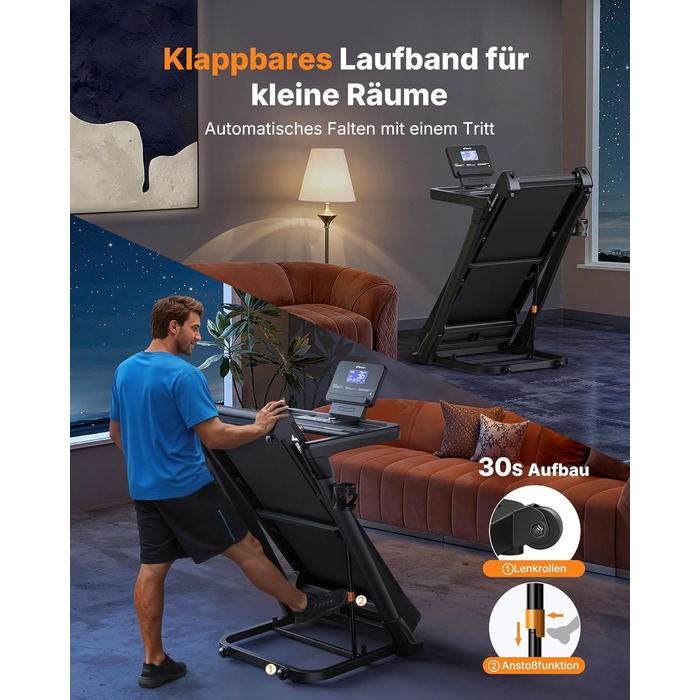 Біговий тренажер MERACH для дому з нахилом 18%, автоматична зміна нахилу, 1-14 км/год, складаний, потужність 3.5HP, розмір 46*120 см, 12 програм, чорний