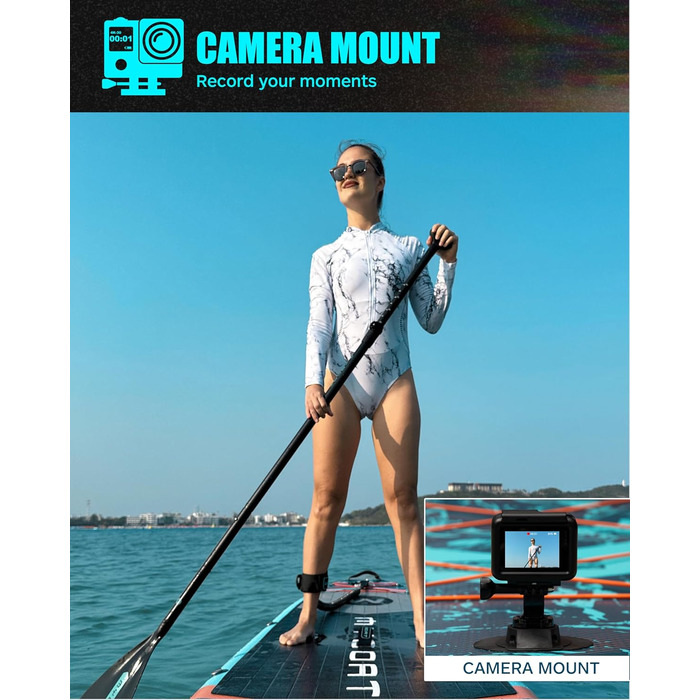 Надувне SUP-борд MYBOAT 30,5 x 86,4 x 15,2 см для риболовлі та відпочинку, з аксесуарами: 3 фінки, двосторонні еластичні шнури, кріплення для камери, ручна помпа, весло, водонепроникний мішок 5 л, мотузка