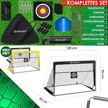 Дитячі футбольні ворота KESSER Pop-Up, 2 шт., складані, з фібергласовими стійками, сіткою, для вулиці та кімнати, з сумкою, 6 фішок, насосом, мішенню, жовті/чорні