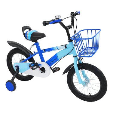 Дитяче велосипед 14 дюймів для хлопчиків та дівчаток з додатковими колесами та кошиком, від 3 років, з двома гальмами, регульоване кермо та сидіння (блакитний)