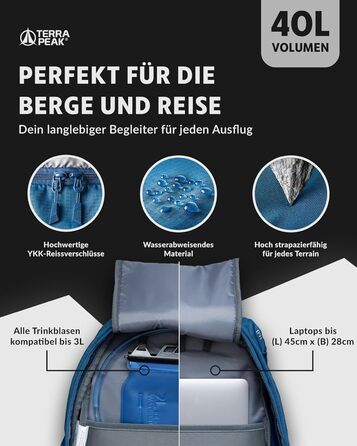 Туристичний рюкзак Wanderrucksack 40L Flex 40 Premium, синій, з вентиляцією спини, дощовиком, кріпленням для питної системи, поясним ременем, 3D Air Mesh, для трекінгу, походів, аутдор
