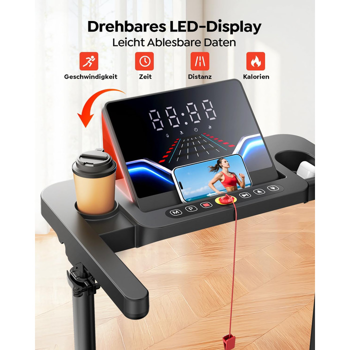 Електрична бігова доріжка для дому 12 км/год, 6 в 1, з регулюванням нахилу до 10%, 1080 мм, тримач для планшету, керування через додаток, тихий 2.5HP двигун, LED дисплей, чорний