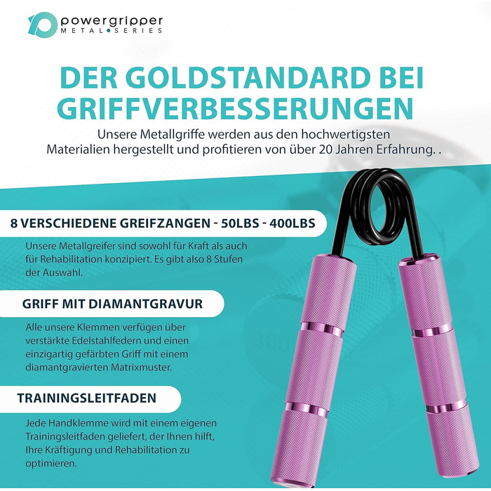 RPM PowerGripper Металевий тренажер для кисті рук - регульований (50lbs - 400lbs) для тренування хвата, зап'ястя та рук (Рожевий 50lbs)