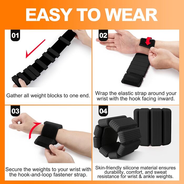 Набір фітнес-ваги для ніг та рук (2 шт., по 0,5 кг) - ваги-манжети для рук, ніг, 1 кг, регульовані. Підходять для фітнесу, йоги, пілатесу, аеробіки, ходьби, плавання. Чорний колір.