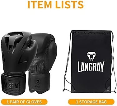 Боксерські рукавички LangRay з штучної шкіри, 14oz, чорні - для боксу, MMA, спарингу, чоловічі та жіночі