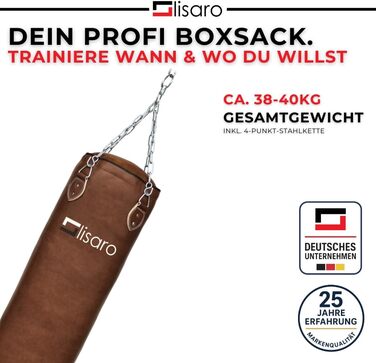 Боксерський мішок Lisaro Profi 150 см - для будь-якого спорту, 40 кг, з металевою ланцюгом, виготовлений з штучної шкіри (вініл), студійного рівня, коричневий