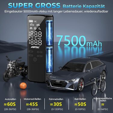 AGPTEK електричний насос-компресор 150PSI 75000mAh 12В з LCD-дисплеєм, LED-підсвіткою, для шин авто, велосипедів, мотоциклів і м'ячів