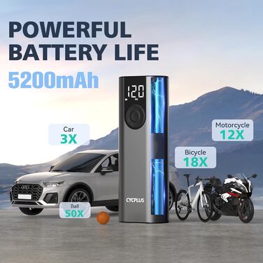 Електричний компресор CYCPLUS Max 150PSI, портативний міні насос для велосипедів, шин, з LED-ліхтарем, USB-C, акумуляторний, універсальний