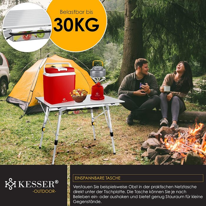 Кемпінговий стіл KESSER® складний, 90x53 см, з алюмінієвим каркасом, регулювання висоти, до 100 кг, з сумкою та сітчастою кишенею, срібний