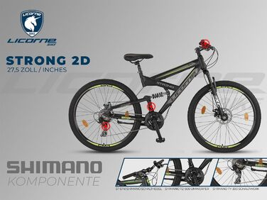 Гірський велосипед Licorne Bike Strong 2D Premium 27,5 дюймів, для хлопців, дівчат, жінок і чоловіків, з дисковими гальмами, 21 швидкість, повна амортизація, чорний/лайм