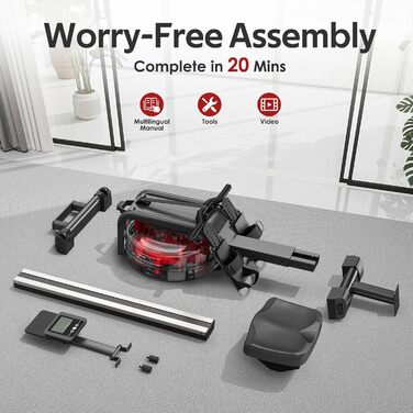 Весловий тренажер VOWVIT для дому з водним опором, Bluetooth-монітором і тримачем для планшета, сумісний з додатком Kinomap, легке складання, максимальний зріст користувача 210 см