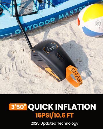 OutdoorMaster Shark 3: Електричний насос для SUP з акумулятором - Швидке надування, 20PSI, 74Wh. Підходить для SUP, човнів та надувних виробів. 8 насадок, 12V/15.8V DC та Type-C живлення.