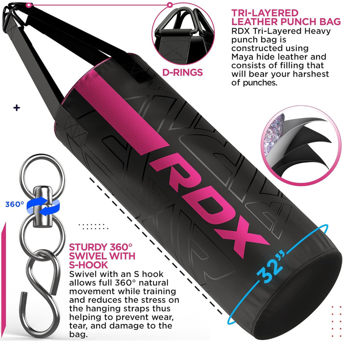 Боксерський мішок для дітей RDX, 60 см, комплект для боксу, кікбоксингу, ММА, муай-тай, карате. Мішок з шкіри Maya Hide, рожевий (без рукавичок)