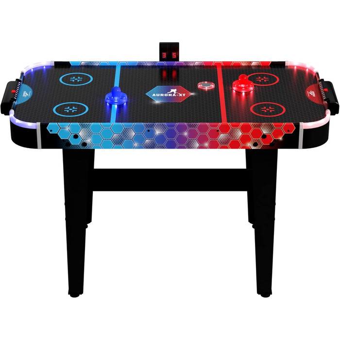 Airhockey стіл Aurora-XT від Carromco – великий стіл для аір-хокею з LED підсвіткою для дітей та дорослих від 7 років, 131x62x79 см, з LED шайбами та пушером, блок живлення