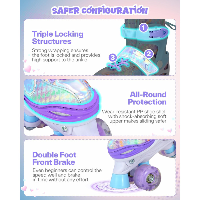 Дитячі ролики Sportneer з захистом, регульовані ролики з 8 світлими колесами, для дівчаток, дітей, підлітків, початківців, для занять в приміщенні та на вулиці, фіолетовий S (EU 30-33)