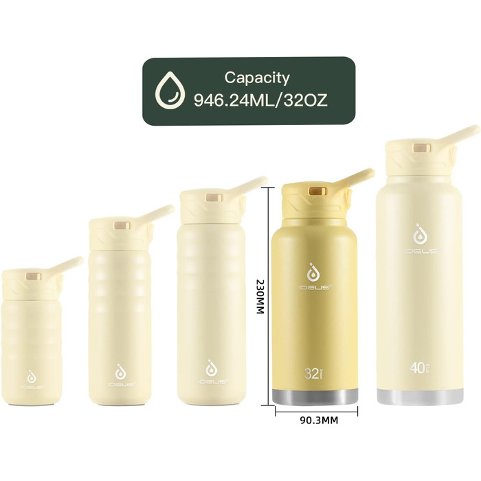 Термос IDEUS з нержавіючої сталі, 950 мл, жовтий. Спортивна пляшка-термос з подвійними стінками та надійним кришкою.