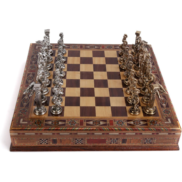 Шахи міфологічні металеві, середнього розміру, для дорослих, ручної роботи, шахові фігури та дошка з натурального масиву дерева, з внутрішнім зберіганням, висота короля 8 см