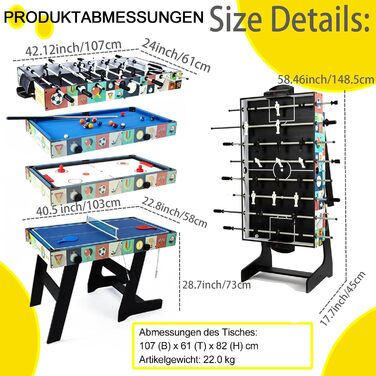 Дитячий ігровий стіл HLC 4-в-1: більярд, хокей на повітрі, теніс, футбол. Розмір 1,2 м