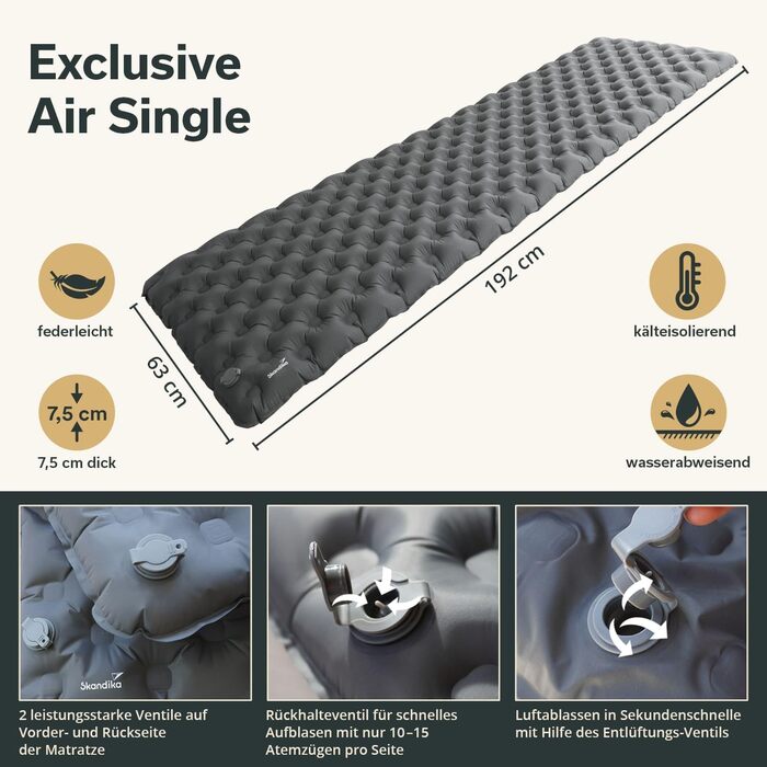 Каремат Skandika Elite/Exclusive Air Single/Double: надувний матрац для кемпінгу та туризму, 7.5 см, сірий