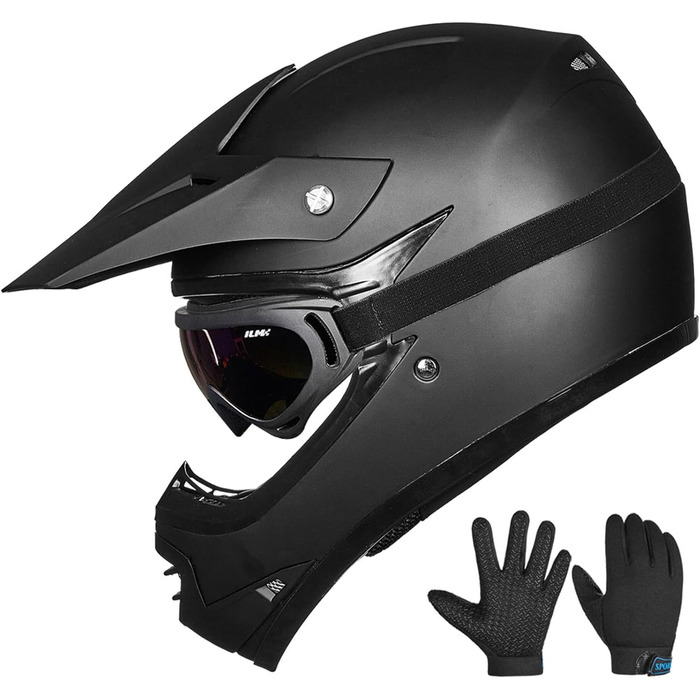 Дитячий мотоциклетний шолом ILM Motocross з окулярами та рукавичками, ECE сертифікований (S, Матовий чорний)