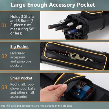 Сумка для переноски більярду на 3 кийки та 5 насадок (3 кийки, 5 насадок) - чорний колір з жовтими вставками