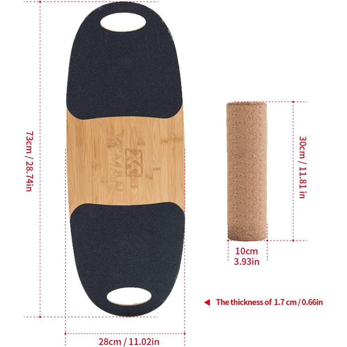 XCMAN Балансборд з бамбука з регульованими стопорами. 3 варіанти відстані. Для серфінгу, лиж, сноуборду, скейтбордингу