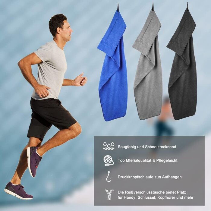 Рушник для фітнесу Liamerhe з мікрофібри 120x50 см з кишенею на блискавці та антиковзким покриттям (чорний)