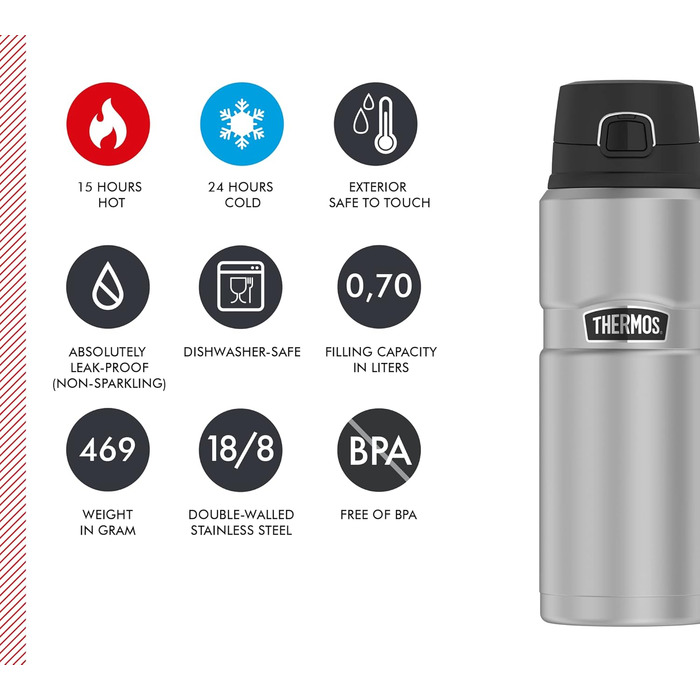 Термос-бутилка Thermos Stainless King 0,7 л з нержавіючої сталі, матова, з кришкою Safe Flow, 15 годин гарячого/24 години холодного, пляшка для води та чаю, придатна для миття в посудомийній машині, BPA-free