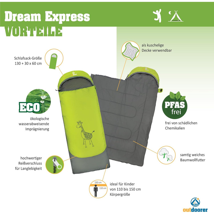 Дитячий спальник Outdoorer Dream Express - кокон з бавовняною підкладкою, зелений колір