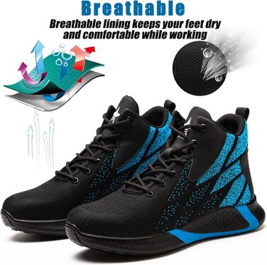 Зручні та безпечні робочі черевики з металевим носком для чоловіків та жінок. Дихаючі, антиковзкі, розміри 35-48 EU, колір блакитний.