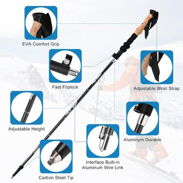 Тростини для скандинавської ходьби - 2 шт. Telescopic, алюміній, 33–125 см, складані, з ергономічними ручками та 12 гумовими наконечниками для піших прогулянок, альпінізму, кемпінгу та активного відпочинку. Чорний колір