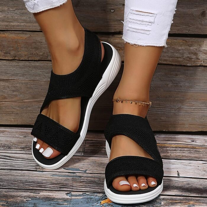 Ортопедичні сандалі для жінок літні зручні, пранні, на застібці-лямці. Ортопедичні шльопанці для спорту з м'якою устілкою. Зовнішні трекінгові сандалі, повсякденні, в'язані, сітчасті, на платформі. Розміри 37-43 (B01 Чорний, 40 EU)
