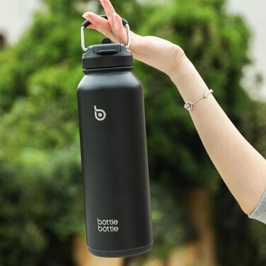 Термопляшка для води зі сталі BOTTLE BOTTLE з трубочкою та ручкою, спортивна пляшка для спорту та подорожей з відсіком для таблеток, 1 л, чорна