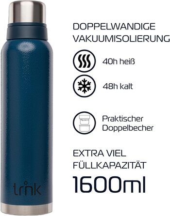 Термос trnk Outdoor Polar 2, 1600 мл, нержавіюча сталь, блакитний, BPA-free, 40 годин збереження тепла, 2 чашки, для походів, можна мити в посудомийній машині