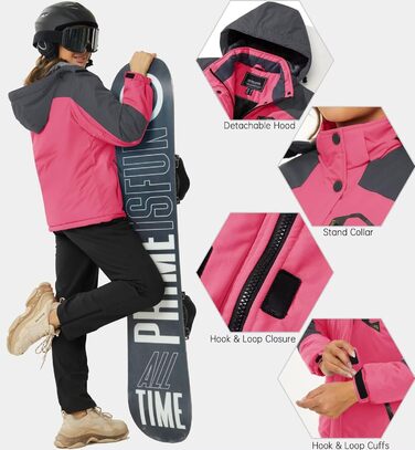 Зимова куртка KEFITEVD Daen з підкладкою з флісу, тепла перехідна куртка-скі-куртка з капюшоном та кишенями на блискавці, вітронепроникна, для сноуборду (S, Рожево-червоний)