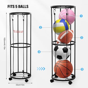Стійка для м'ячів на колесах, органайзер для спортивного інвентарю, стійка для зберігання футболу та баскетболу, настінний тримач, знімна конструкція