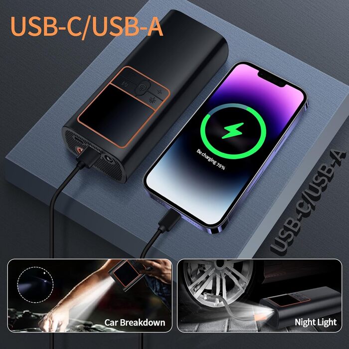 Електричний повітряний насос 150 PSI - акумуляторний компресор з LED-дисплеєм, перезаряджається для велосипеда, авто, мотоцикла та м'ячів