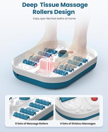Зручне ванночка для ніг Comfier з масажем, підігрівом та функцією бульбашок | Складаний масажер для ніг | Вібрація, функція бульбашок, таймер, пемза для педикюру, 35°C-48°C, 8 Shiatsu роліків (Чорний, Синій)