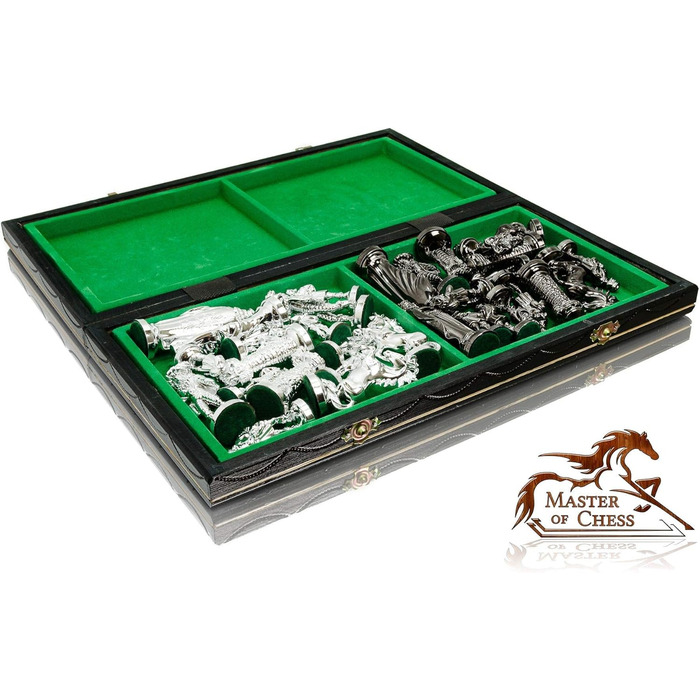 Розкішні шахи «Середньовіччя» Silver Edition 40 см — металеві шахові фігури та велика декоративна дерев'яна дошка