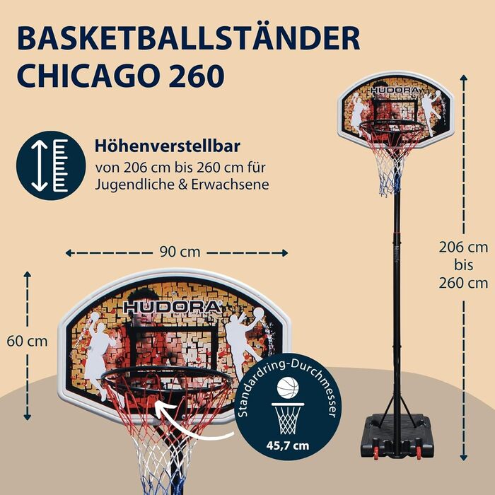 Баскетбольний стійка HUDORA Chicago 206-260 см, мобільний баскетбольний кошик для вулиці з колесами, для дітей, підлітків і дорослих, модель 2012