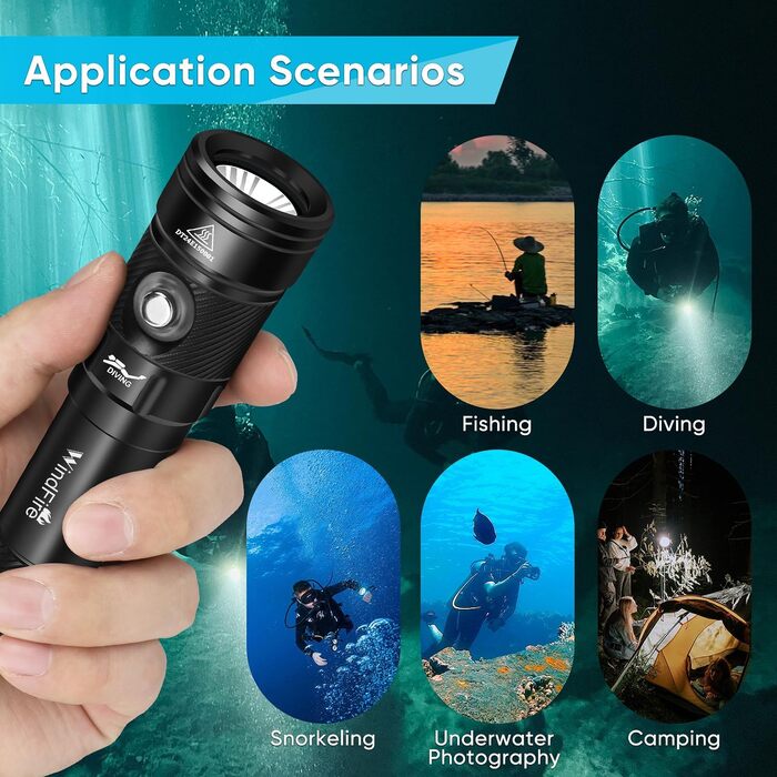 Водонепромісний ліхтар WINDFIRE Tauchschein для дайвінгу та снорклінгу, IPX8, 4 режими, індикатор заряду, перезаряджається