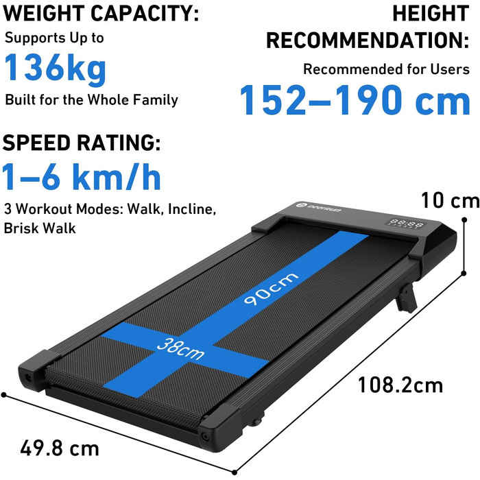 Бігова доріжка DeerRun Walking Pad з нахилом 6% для дому та офісу, компактний тренажер під стіл з App, пультом та LED-дисплеєм, до 136 кг, чорна