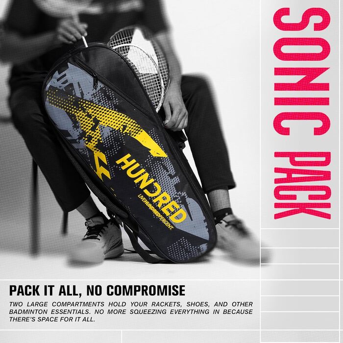 Сумка для бадмінтону HUNDRED Sonic Pack Kit Bag: містка сумка для ракеток, взуття та екіпіровки для спорту, тренажерного залу та подорожей, унісекс, чорна