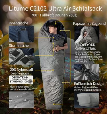 Спальник Litume Ultra Kompakt пуховий для літа та 3 сезонів, 700+ Fill Power, ультралегкий мумія, для туризму, подорожей, кемпінгу, рюкзаків, дорослих, Outdoor (10°C)