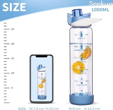 Скляна спортивна пляшка Seekua 1 л з трубочкою і часовою розміткою, BPA Free, герметична, з чохлом, для води, смузі, фруктів, газованих напоїв